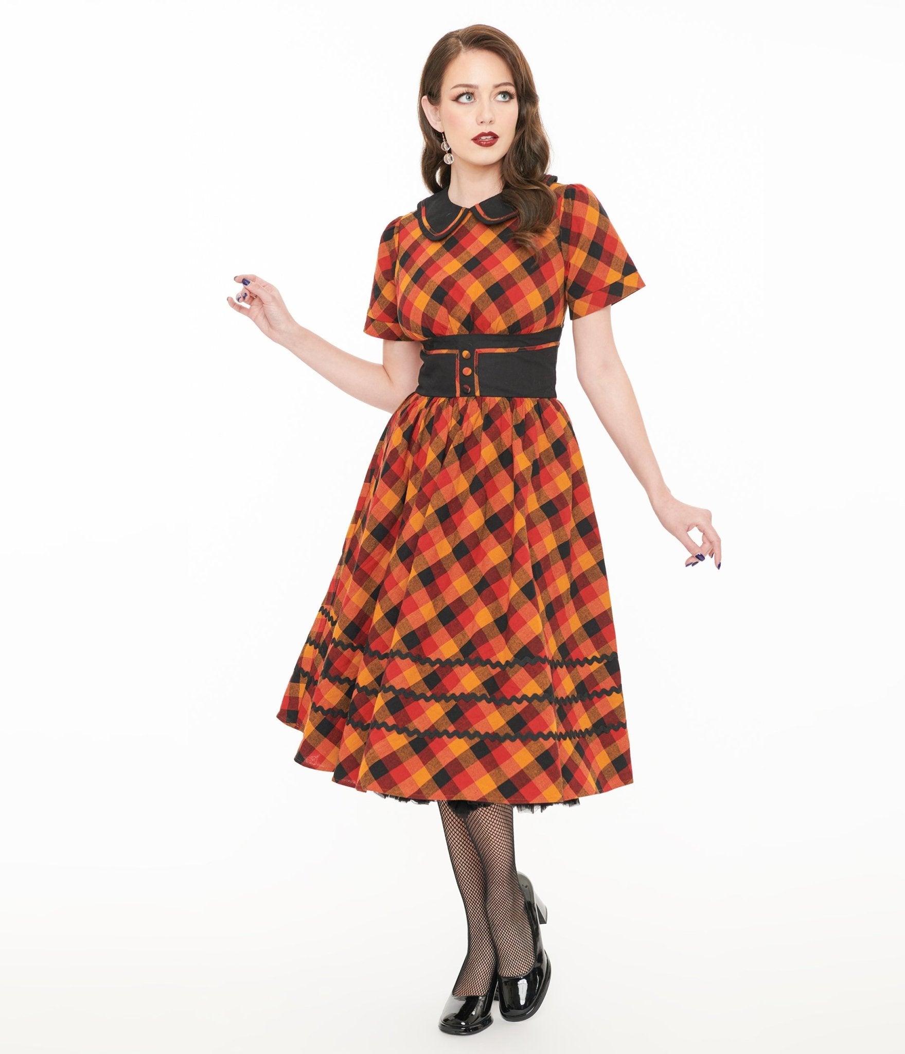 Unique Vintage 1950s Orange & Red Plaid Peter Pan Collar Swing Dress - Unique Vintage - Womens, DRESSES, SWING