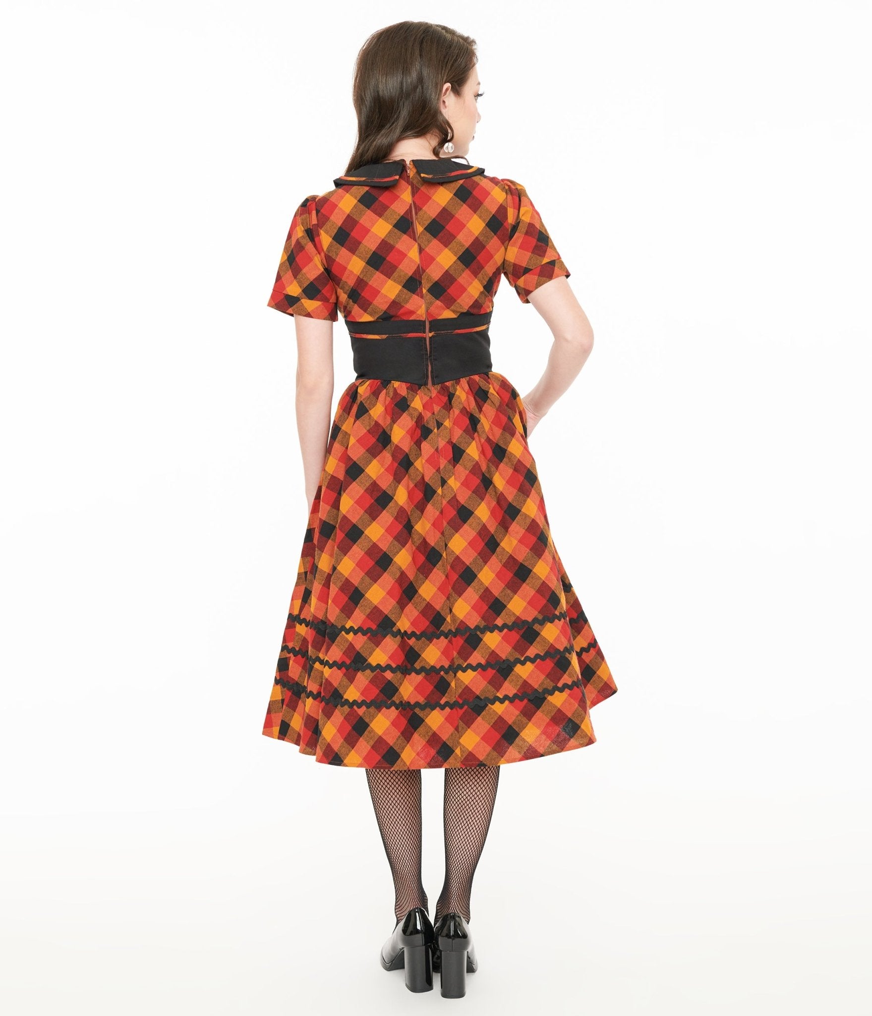 Unique Vintage 1950s Orange & Red Plaid Peter Pan Collar Swing Dress - Unique Vintage - Womens, DRESSES, SWING