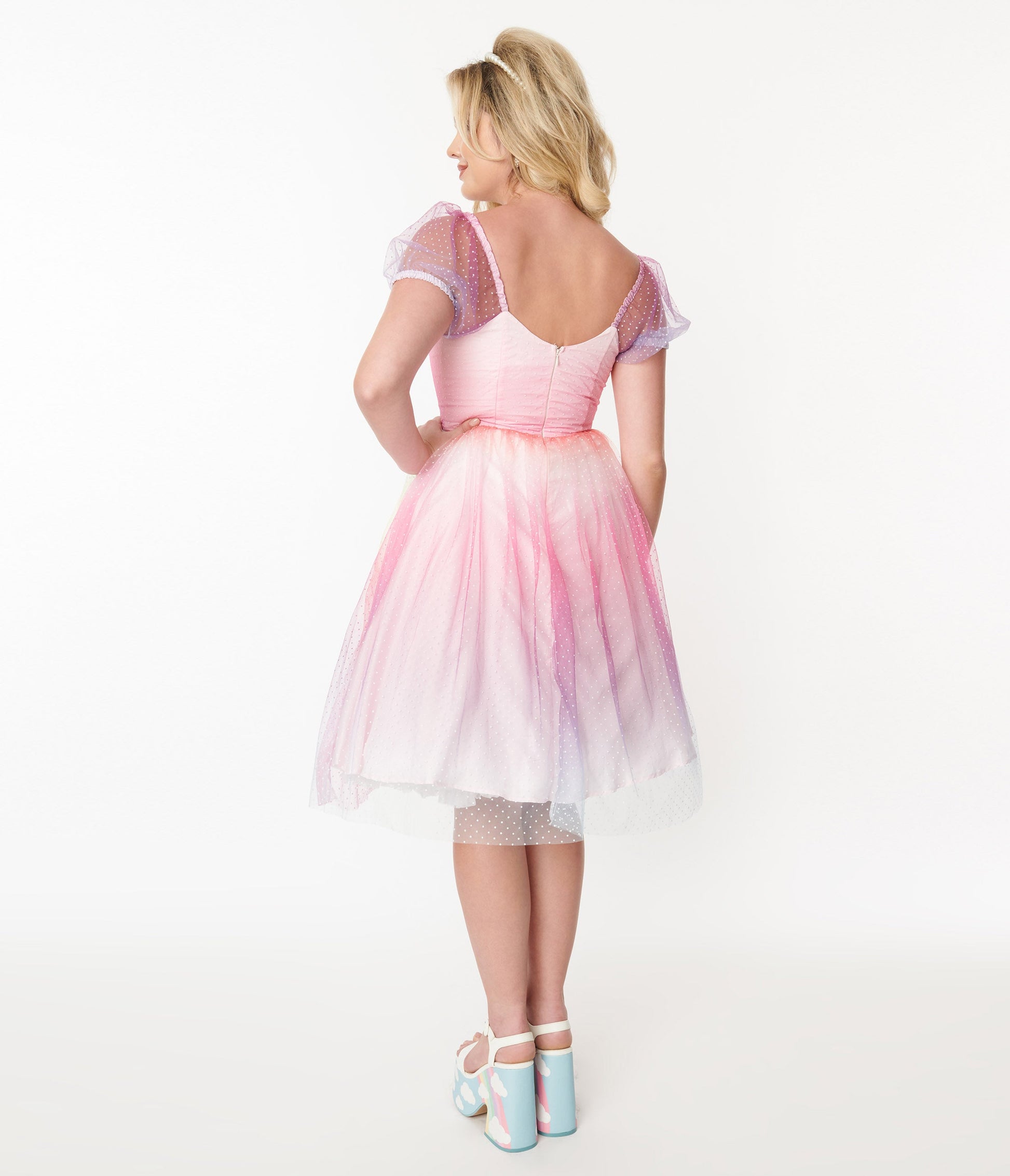 Unique Vintage 1950s Pastel Rainbow Ombre Clip Dot Tulle Flare Dress - Unique Vintage -Womens, DRESSES, PROM SPECIAL OCCASION