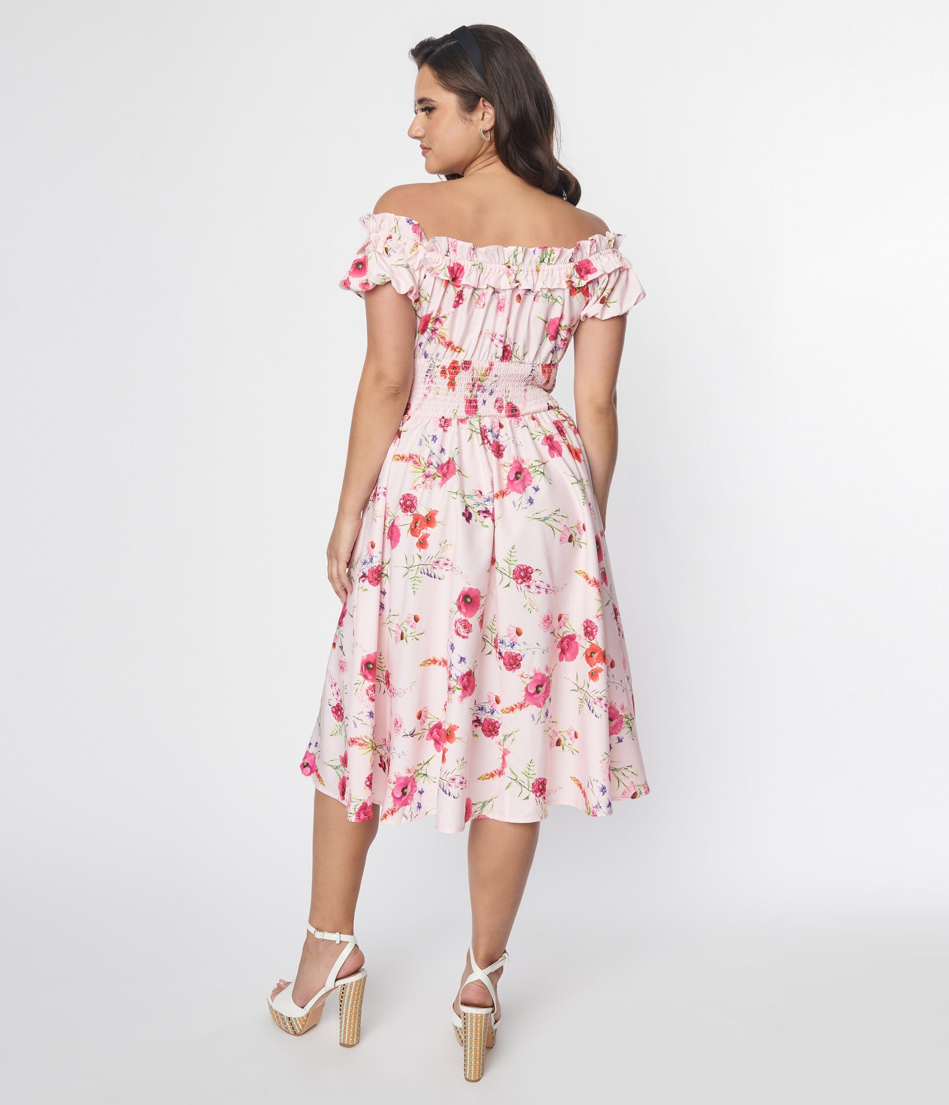 Unique Vintage 1950s Pink Floral Off the Shoulder Ruffle Swing Dress - Unique Vintage - Womens, DRESSES, SWING