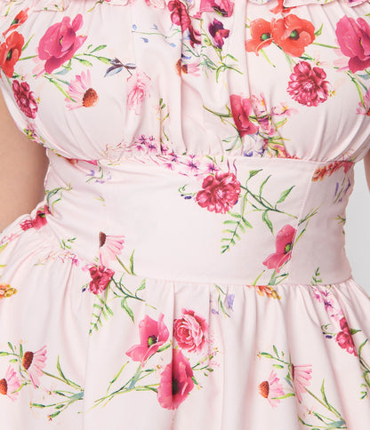 Unique Vintage 1950s Pink Floral Off the Shoulder Ruffle Swing Dress - Unique Vintage - Womens, DRESSES, SWING