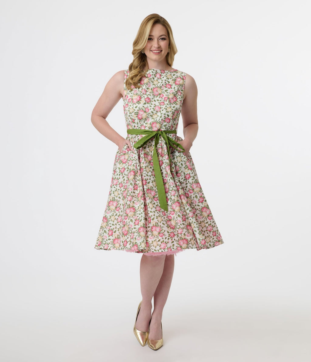 Unique Vintage 1950s Pink & Green Floral Sleeveless Cotton Swing Dress - Unique Vintage - Womens, DRESSES, SWING