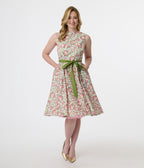 Unique Vintage 1950s Pink & Green Floral Sleeveless Cotton Swing Dress - Unique Vintage - Womens, DRESSES, SWING