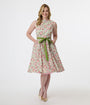 Unique Vintage 1950s Pink & Green Floral Sleeveless Cotton Swing Dress