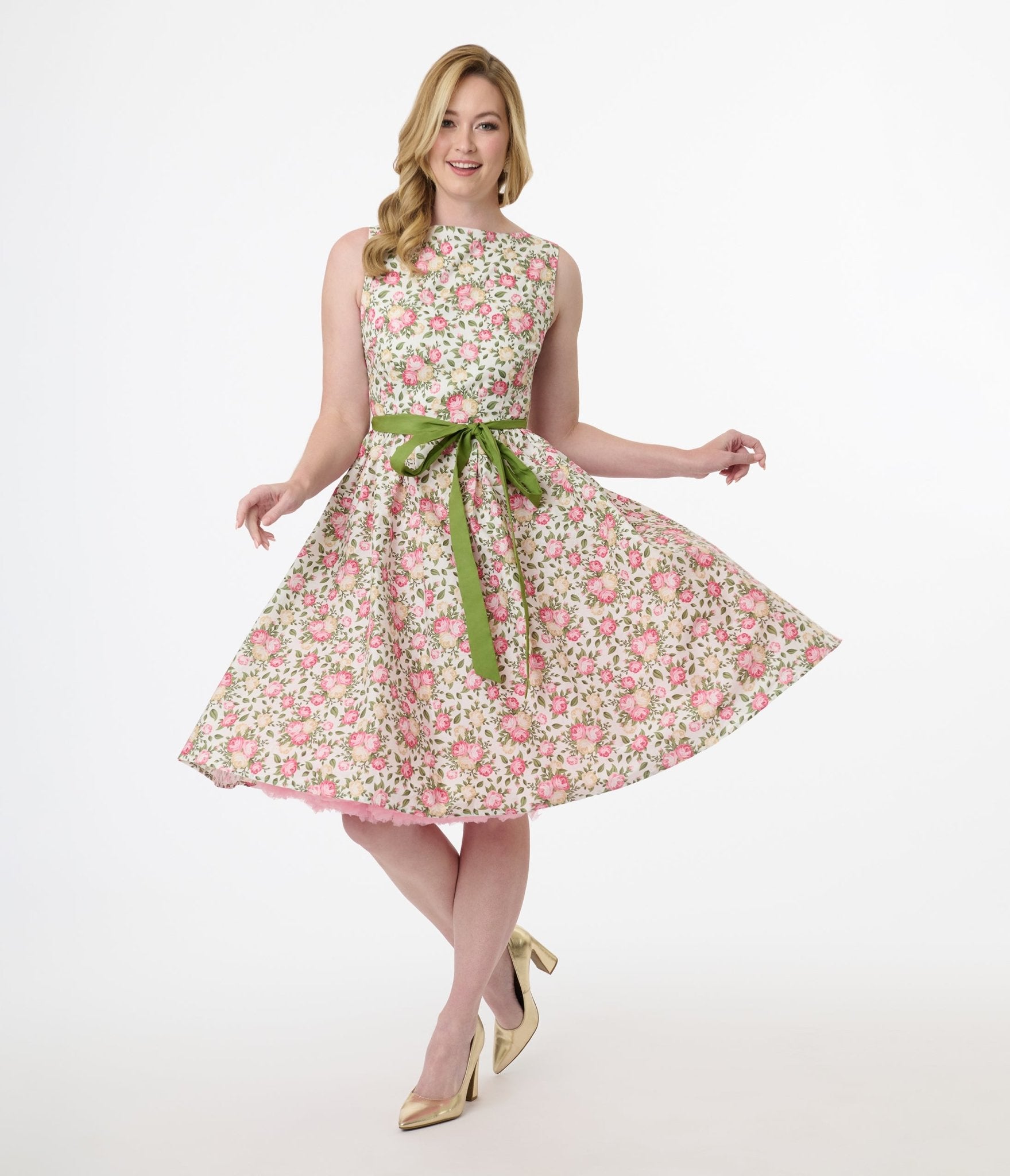 Unique Vintage 1950s Pink & Green Floral Sleeveless Cotton Swing Dress - Unique Vintage - Womens, DRESSES, SWING