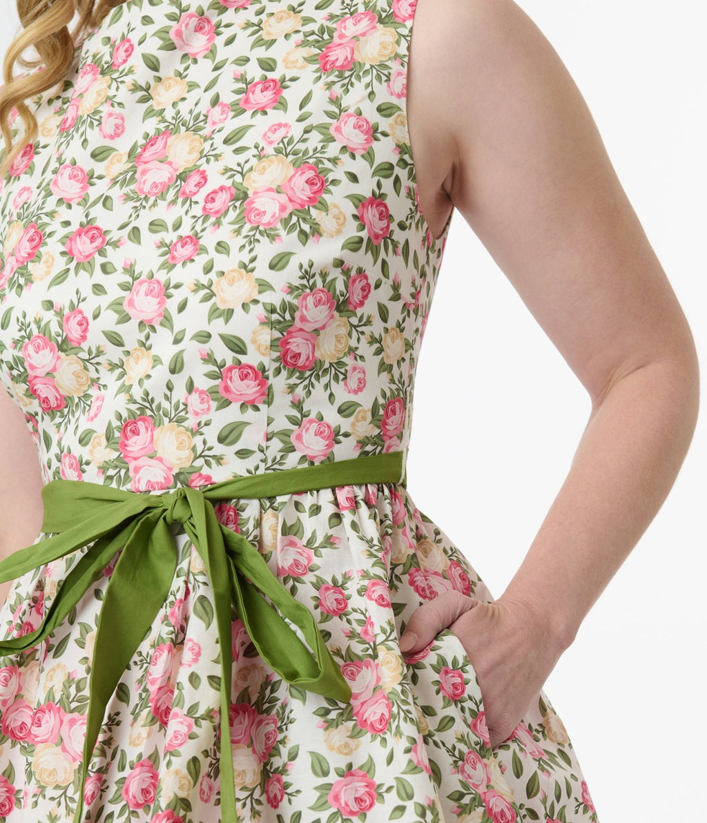 Unique Vintage 1950s Pink & Green Floral Sleeveless Cotton Swing Dress - Unique Vintage - Womens, DRESSES, SWING