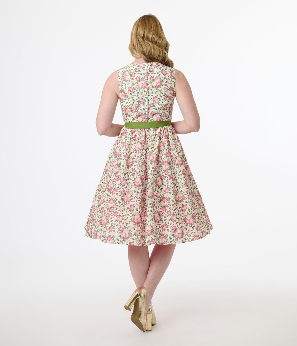 Unique Vintage 1950s Pink & Green Floral Sleeveless Cotton Swing Dress - Unique Vintage - Womens, DRESSES, SWING