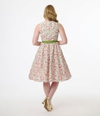 Unique Vintage 1950s Pink & Green Floral Sleeveless Cotton Swing Dress - Unique Vintage - Womens, DRESSES, SWING
