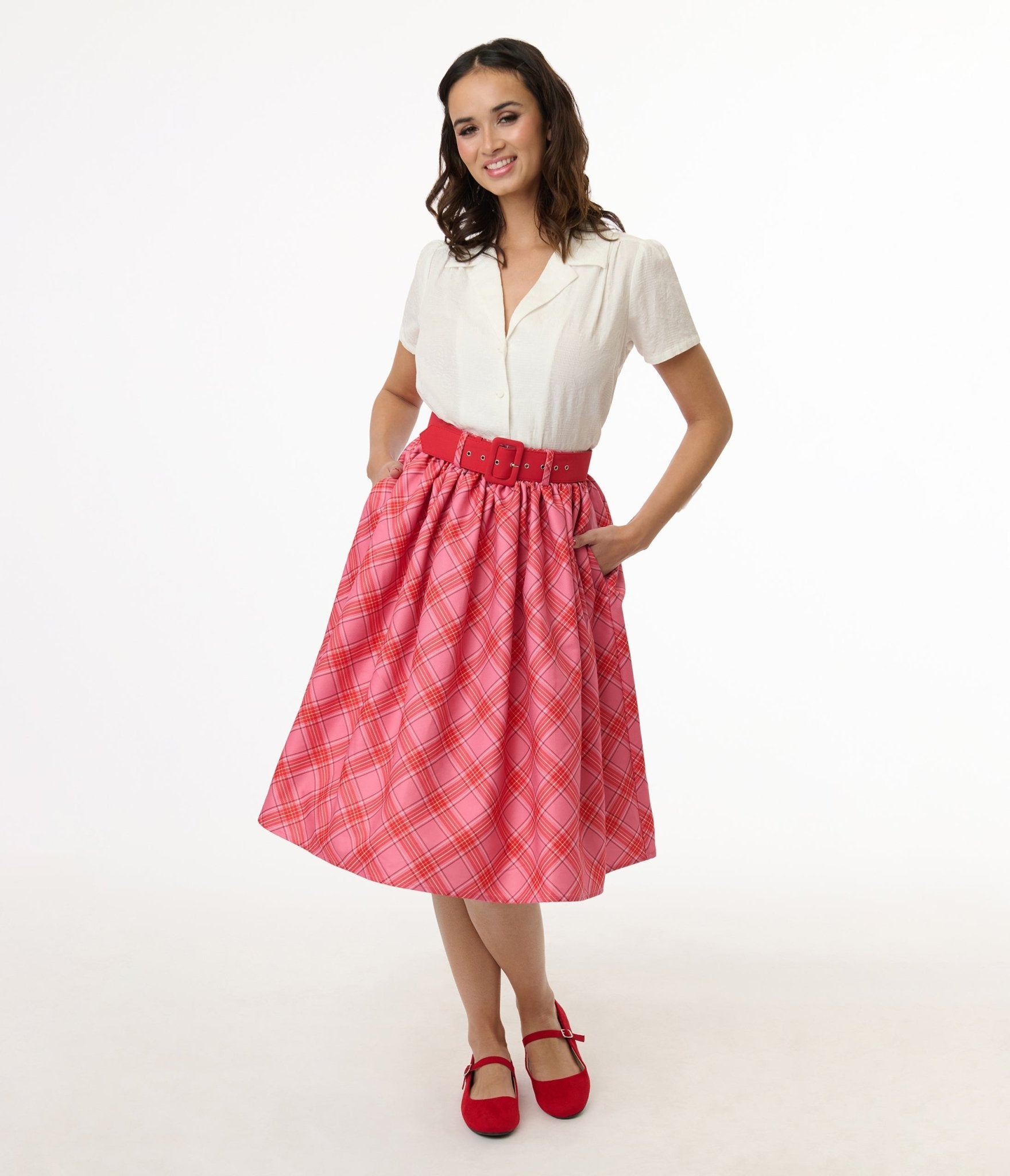 Unique Vintage 1950s Pink & Red Plaid Belted Gellar Swing Skirt - Unique Vintage - Womens, BOTTOMS, SKIRTS