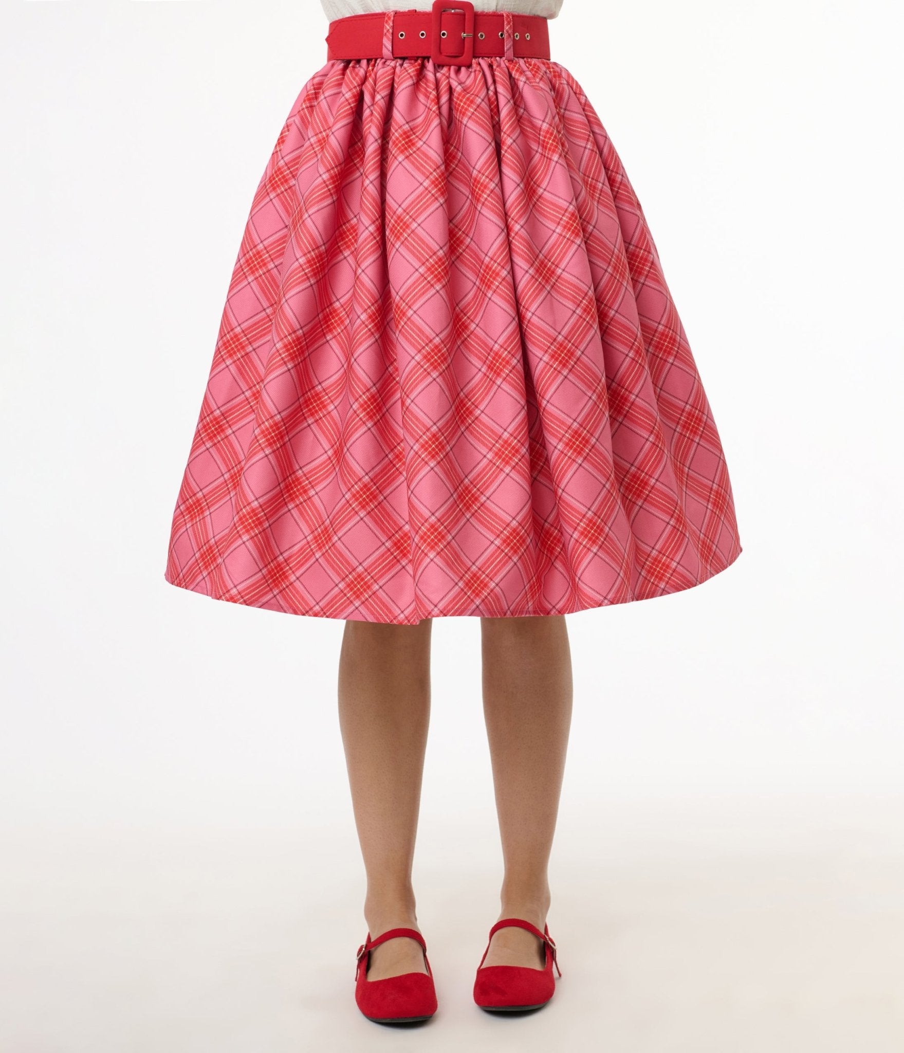 Unique Vintage 1950s Pink & Red Plaid Belted Gellar Swing Skirt - Unique Vintage - Womens, BOTTOMS, SKIRTS
