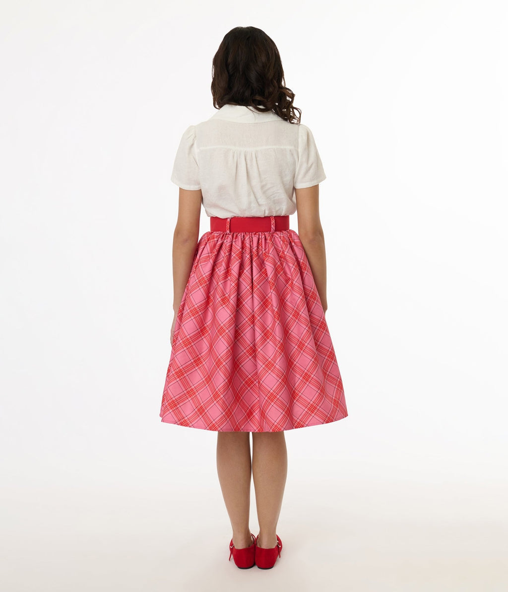 Unique Vintage 1950s Pink & Red Plaid Belted Gellar Swing Skirt - Unique Vintage - Womens, BOTTOMS, SKIRTS
