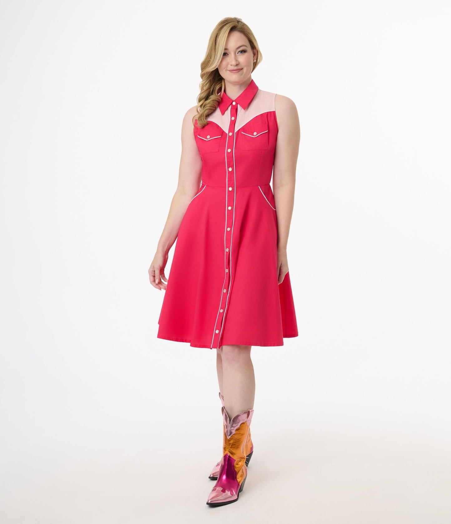 Unique Vintage 1950s Pink Western Cotton Flare Dress - Unique Vintage - Womens, DRESSES, FIT AND FLARE