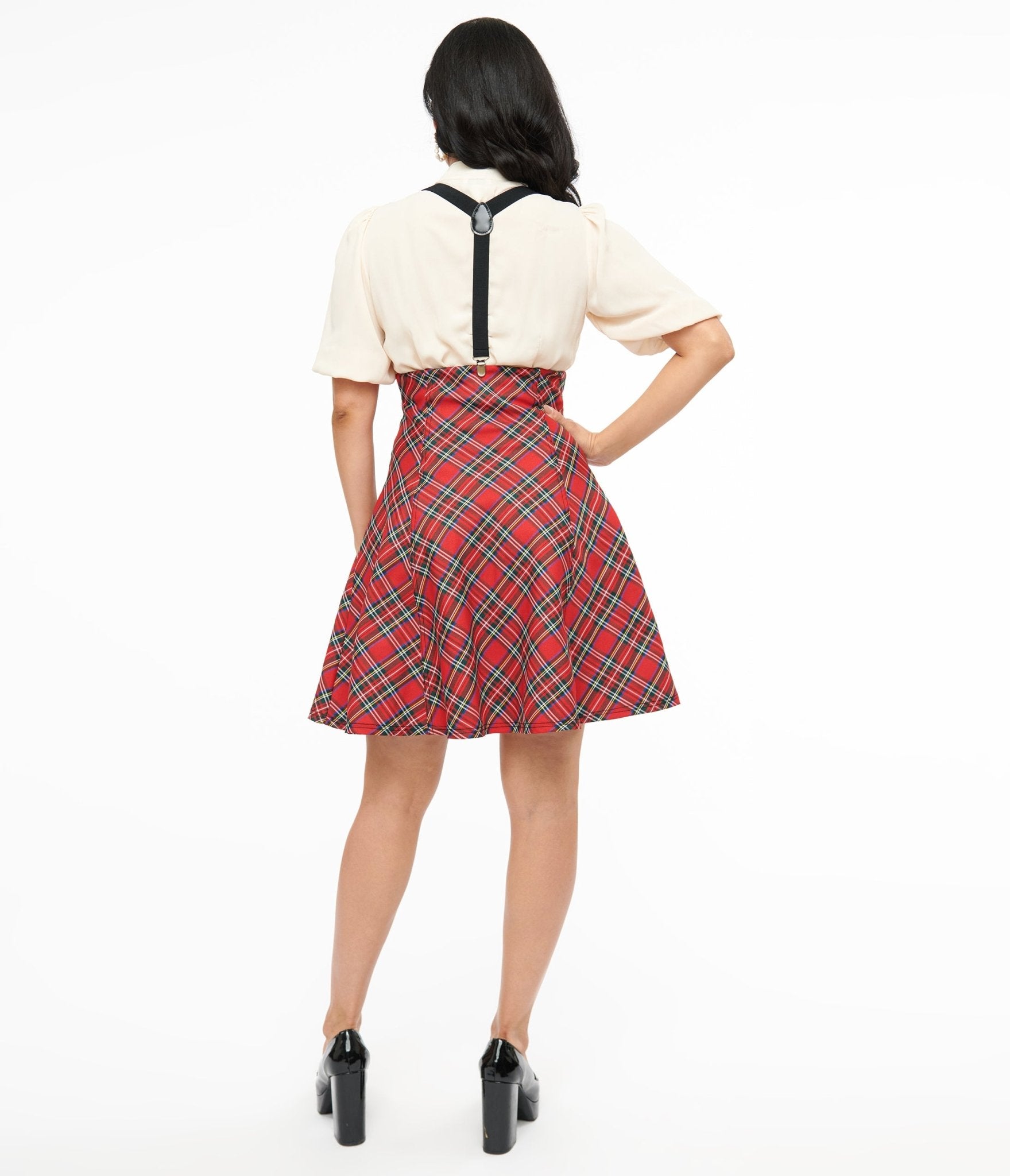 Unique Vintage 1950s Red Bias Plaid Suspender Flare Skirt - Unique Vintage - Womens, BOTTOMS, SKIRTS