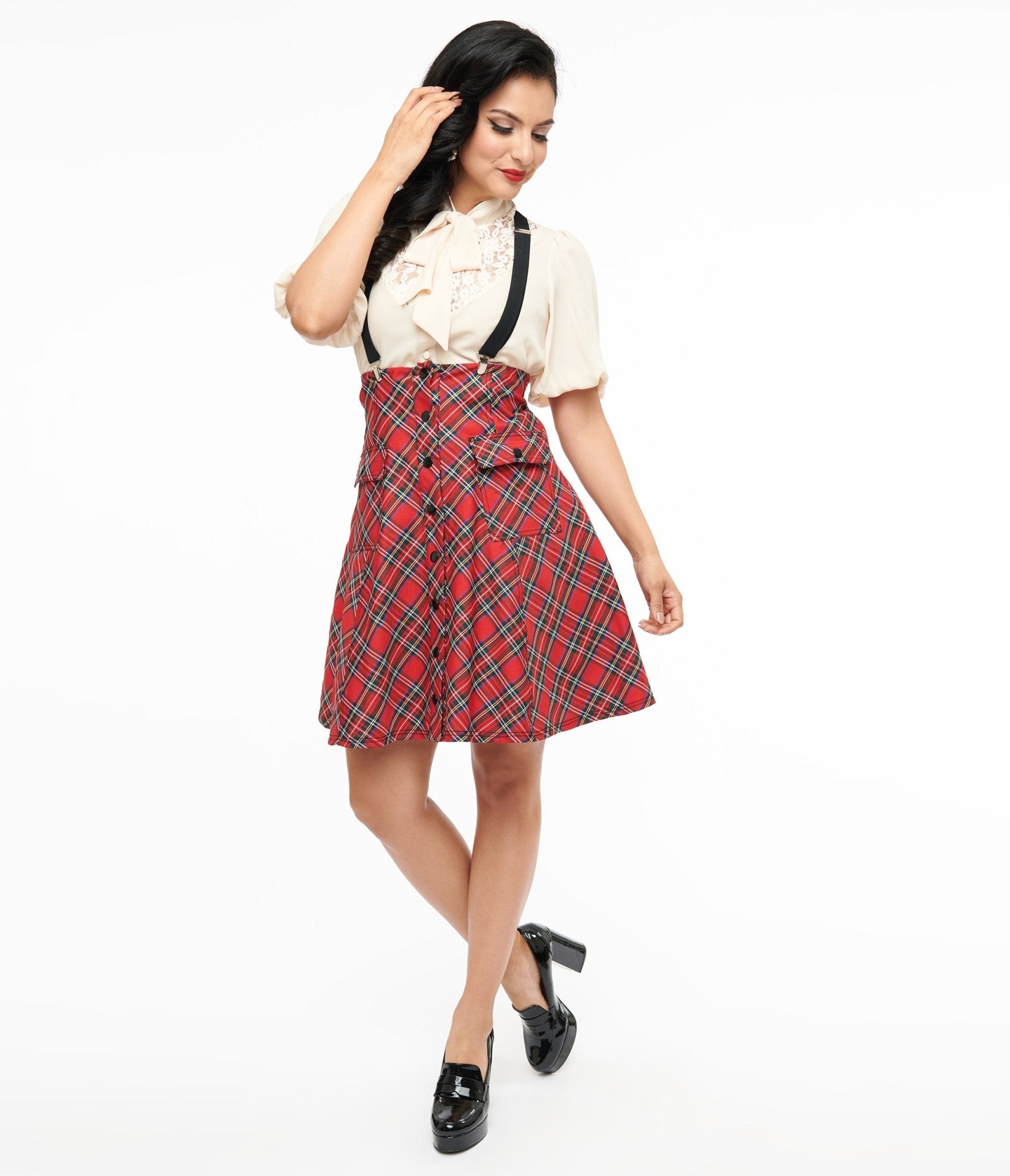 Unique Vintage 1950s Red Bias Plaid Suspender Flare Skirt - Unique Vintage - Womens, BOTTOMS, SKIRTS