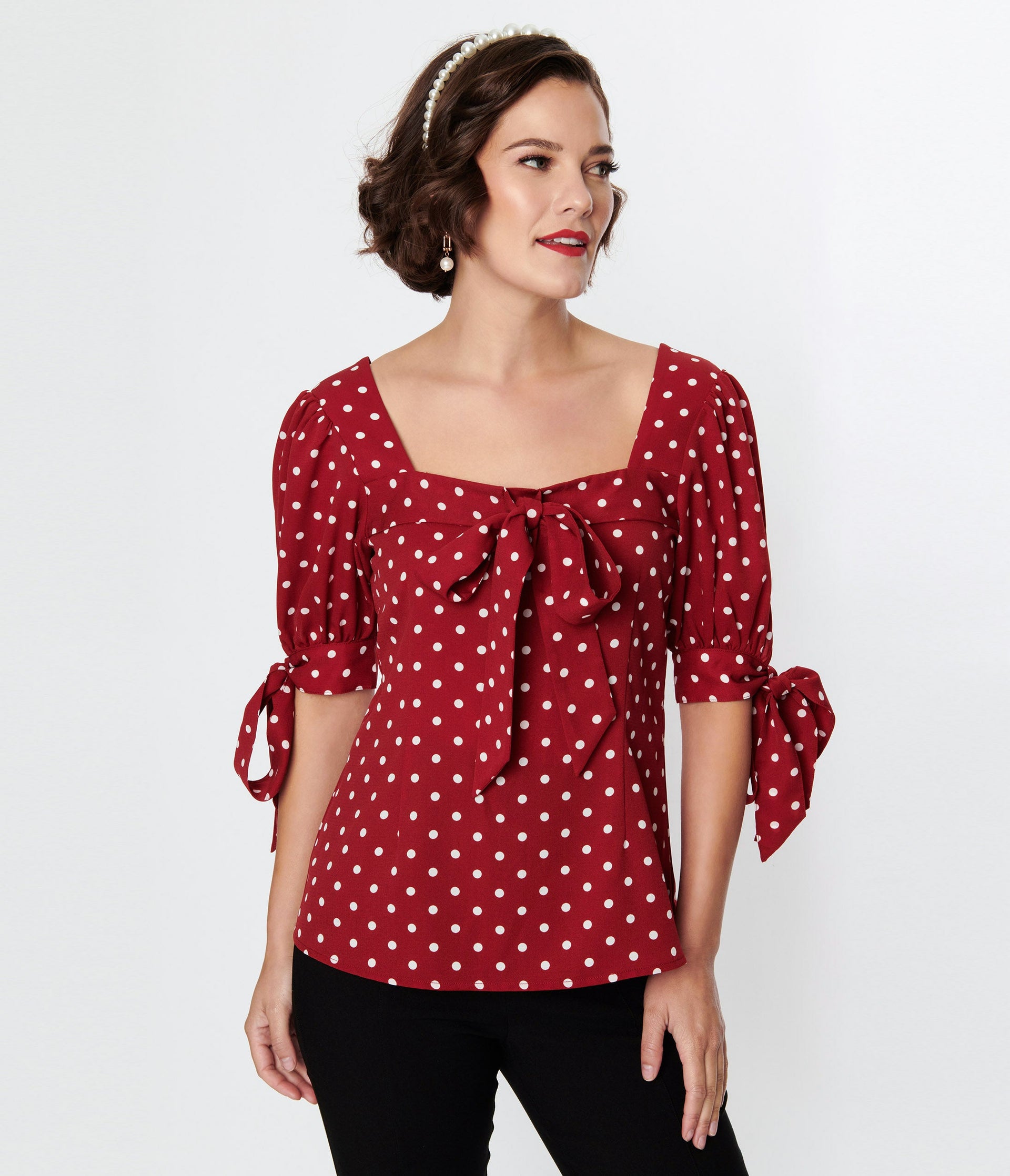 Unique Vintage 1950s Red & White Polka Dot Bow Fitted Top - Unique Vintage - Womens, TOPS, WOVEN TOPS