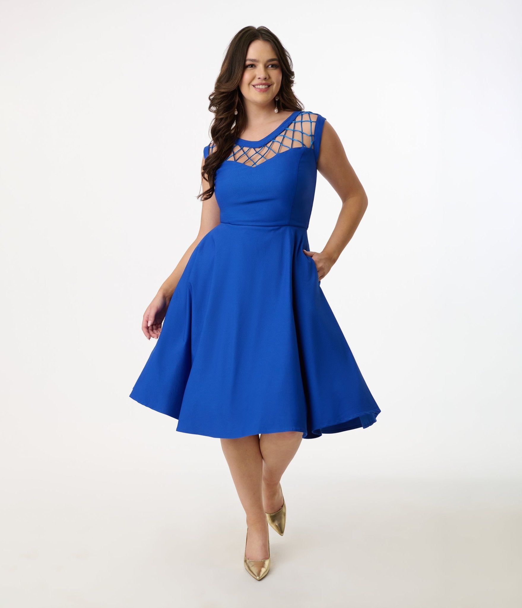 Unique Vintage 1950s Royal Blue Diamond Cable Swing Dress - Unique Vintage - Womens, DRESSES, SWING