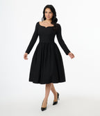 Unique Vintage 1950s Solid Black Sweetheart Swing Dress - Unique Vintage - Womens, DRESSES, SWING