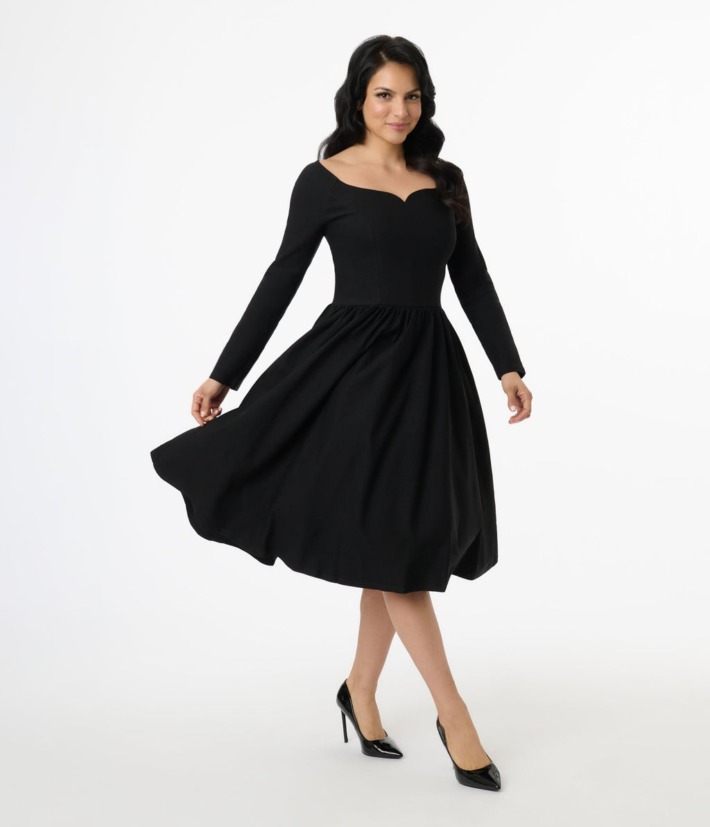 Unique Vintage 1950s Solid Black Sweetheart Swing Dress Unique Vintage 1950s Solid Black Sweetheart Swing Dress