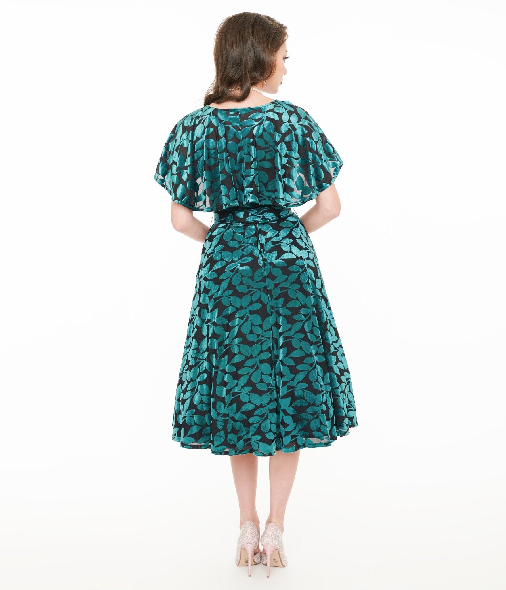 Unique Vintage 1950s Teal & Black Velvet Burnout Capelet Swing Dress - Unique Vintage - Womens, DRESSES, SWING
