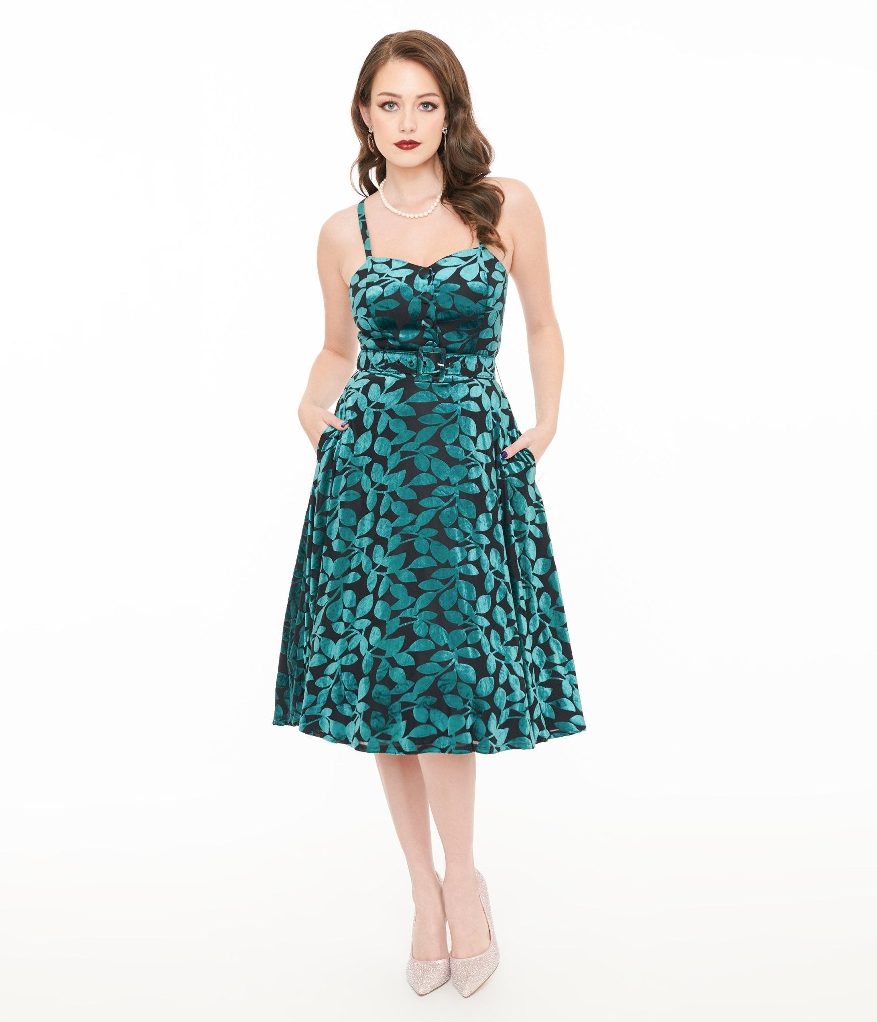 Unique Vintage 1950s Teal & Black Velvet Burnout Capelet Swing Dress - Unique Vintage - Womens, DRESSES, SWING