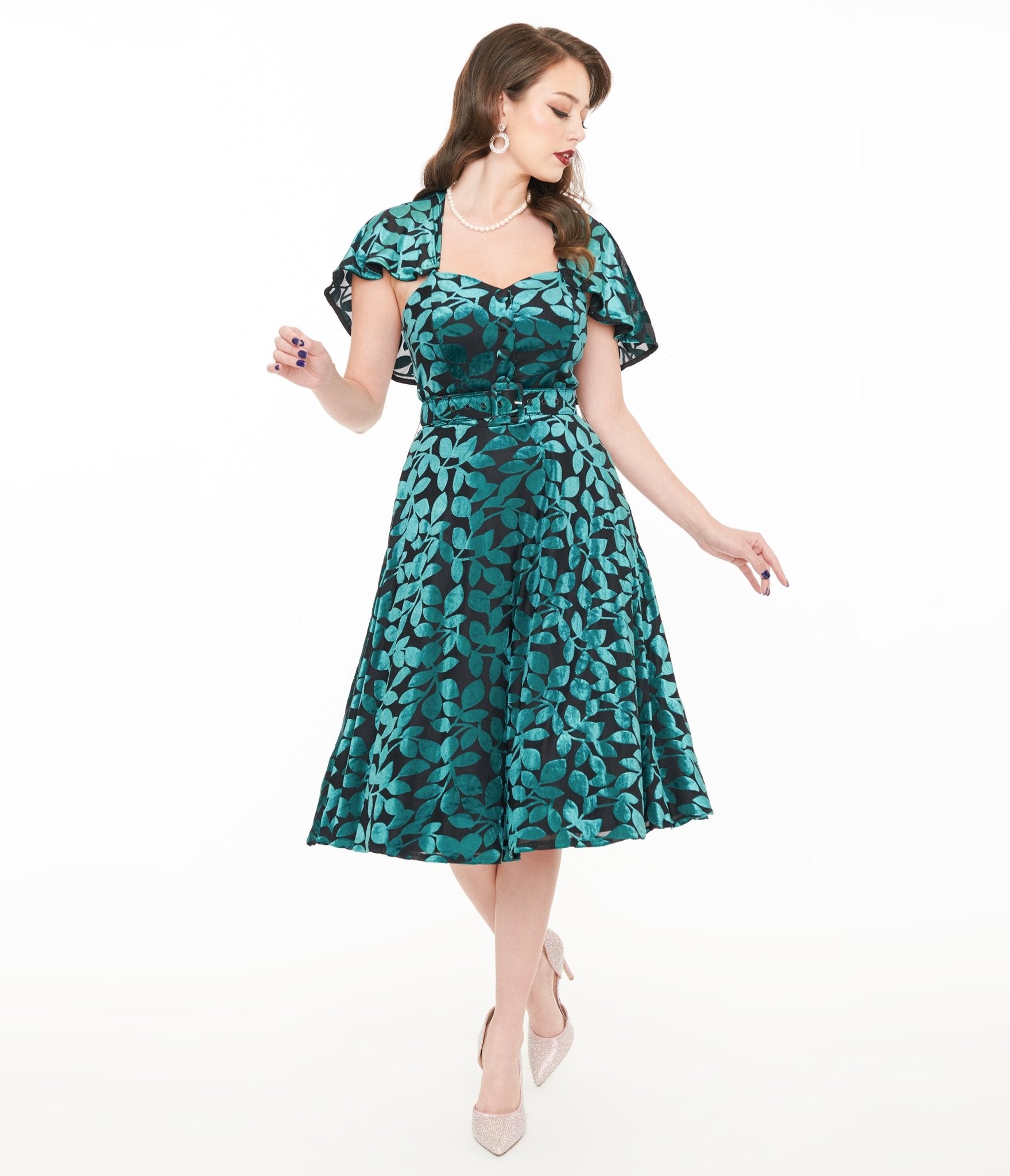 Unique Vintage 1950s Teal & Black Velvet Burnout Capelet Swing Dress - Unique Vintage - Womens, DRESSES, SWING
