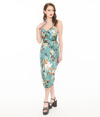 Unique Vintage 1950s Teal Floral Leilani Sarong Dress - Unique Vintage - Womens, DRESSES, WIGGLE