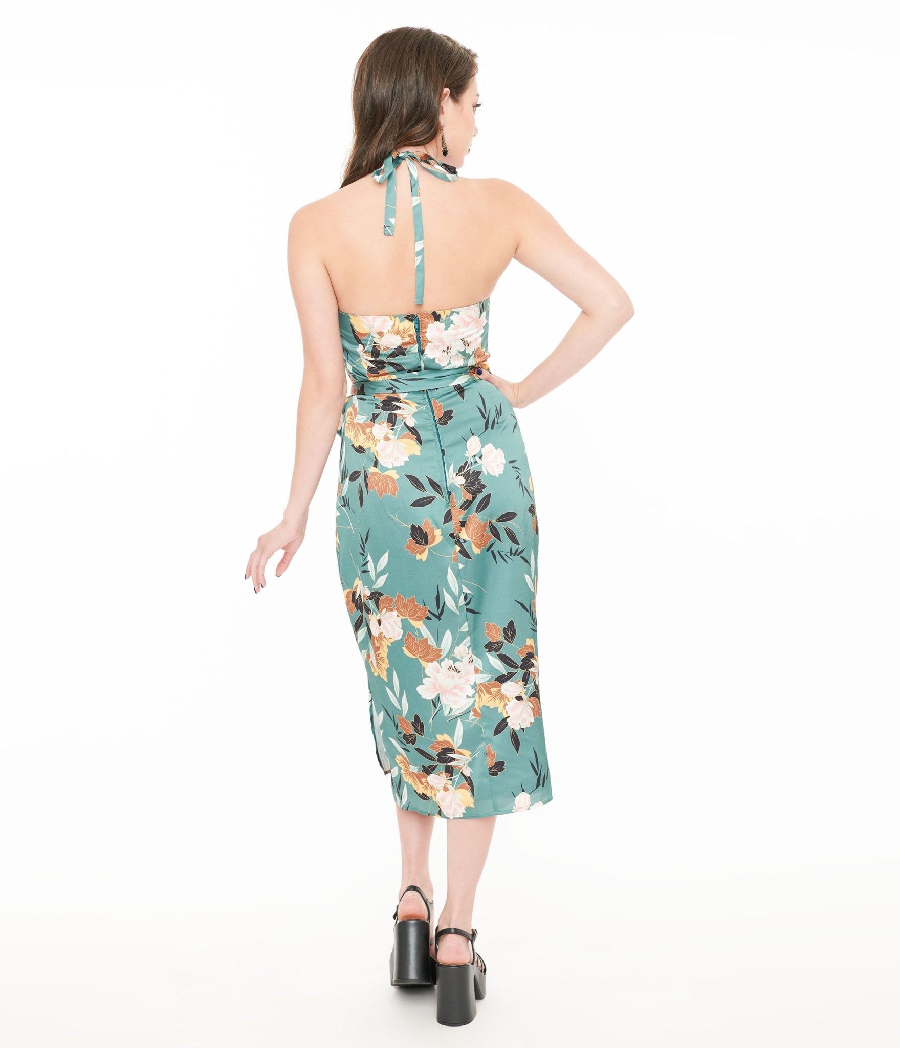 Unique Vintage 1950s Teal Floral Leilani Sarong Dress - Unique Vintage - Womens, DRESSES, WIGGLE