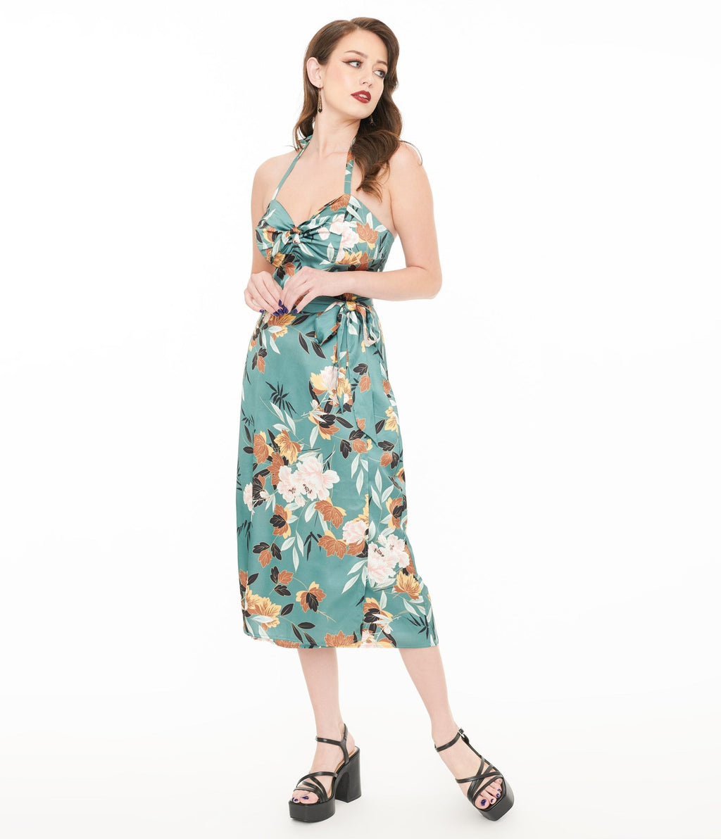Unique Vintage 1950s Teal Floral Leilani Sarong Dress - Unique Vintage - Womens, DRESSES, WIGGLE