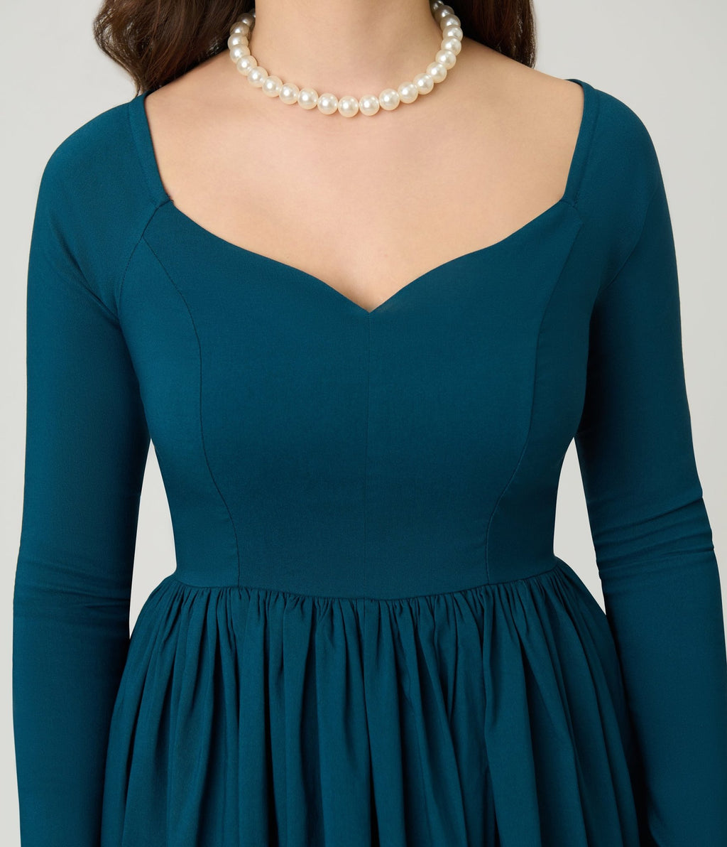 Unique Vintage 1950s Teal Sweetheart Swing Dress M/8-10