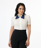 Unique Vintage 1950s White & Blue Butterfly Collar Cotton Blouse - Unique Vintage - Womens, TOPS, WOVEN TOPS