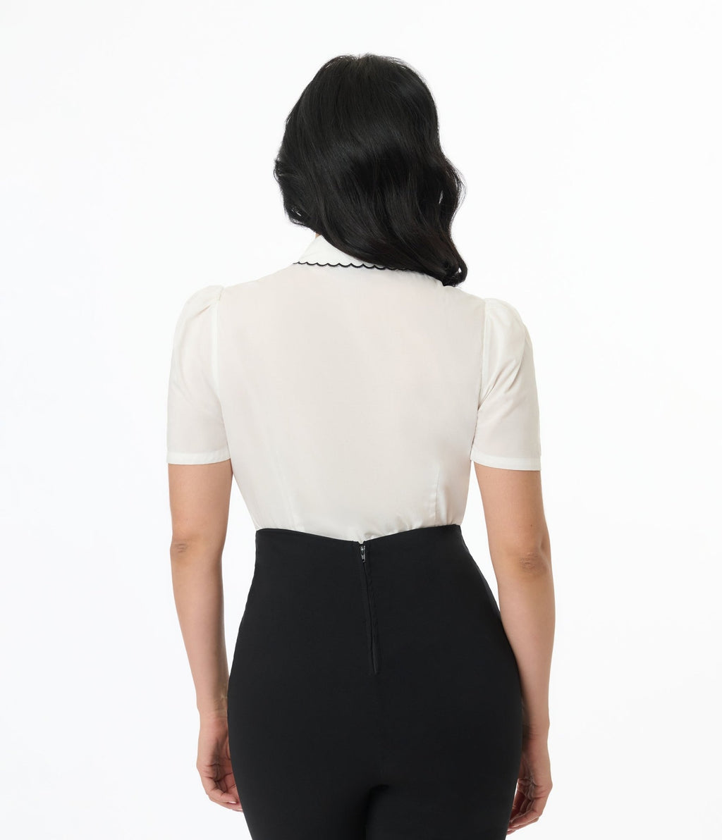 Unique Vintage 1950s White & Blue Butterfly Collar Cotton Blouse - Unique Vintage - Womens, TOPS, WOVEN TOPS