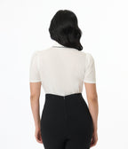 Unique Vintage 1950s White & Blue Butterfly Collar Cotton Blouse - Unique Vintage - Womens, TOPS, WOVEN TOPS