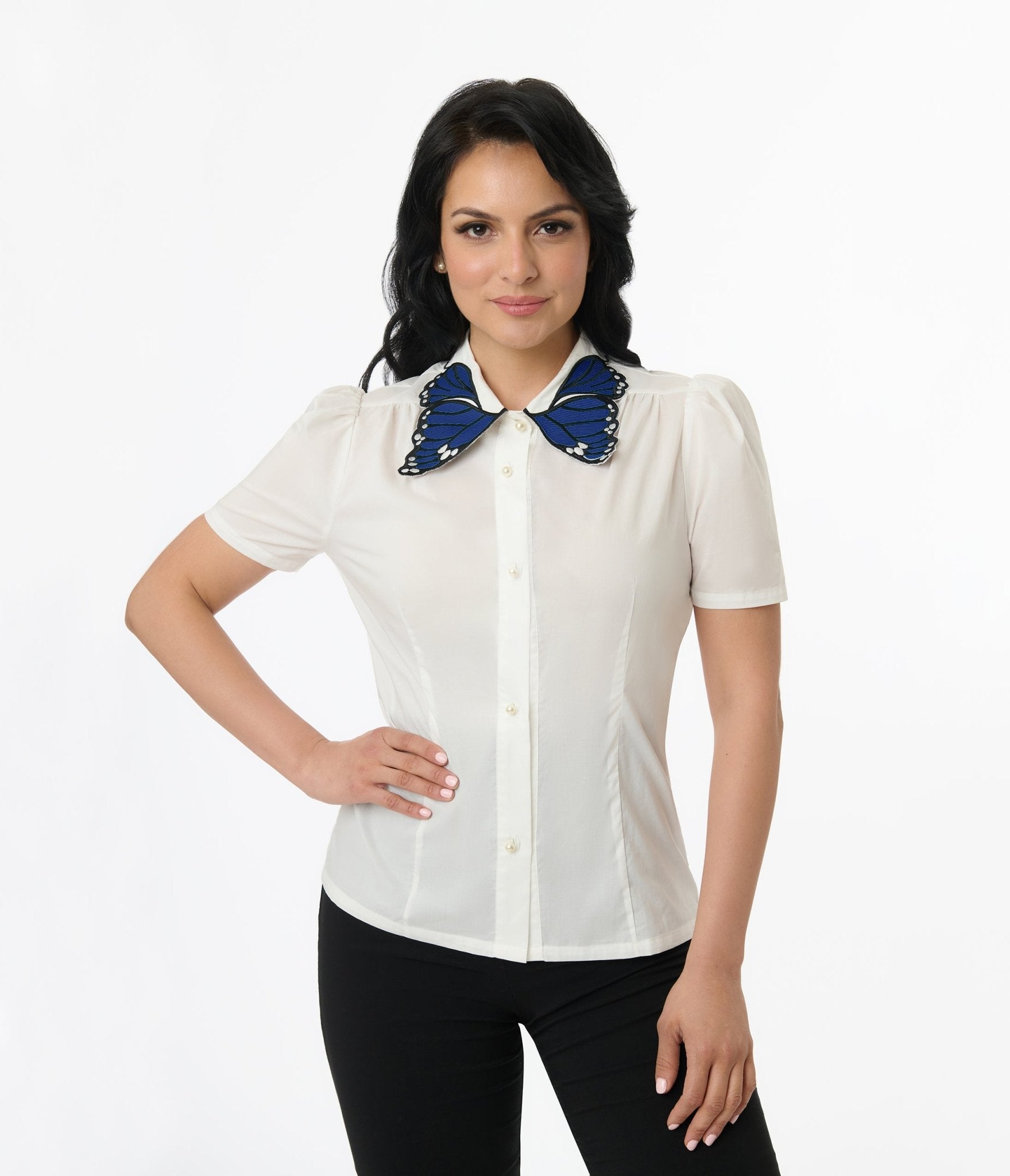 Unique Vintage 1950s White & Blue Butterfly Collar Cotton Blouse - Unique Vintage - Womens, TOPS, WOVEN TOPS