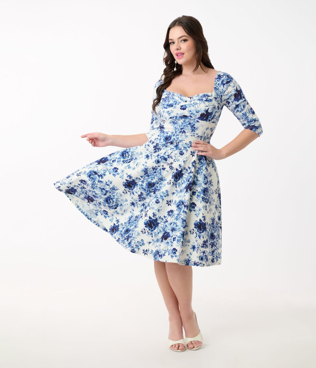 Unique Vintage 1950s White & Blue Floral Pleated Bust Swing Dress - Unique Vintage - Womens, DRESSES, SWING
