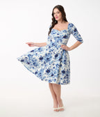Unique Vintage 1950s White & Blue Floral Pleated Bust Swing Dress - Unique Vintage - Womens, DRESSES, SWING
