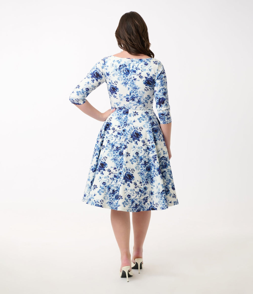 Unique Vintage 1950s White & Blue Floral Pleated Bust Swing Dress - Unique Vintage - Womens, DRESSES, SWING