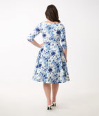 Unique Vintage 1950s White & Blue Floral Pleated Bust Swing Dress - Unique Vintage - Womens, DRESSES, SWING