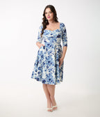 Unique Vintage 1950s White & Blue Floral Pleated Bust Swing Dress - Unique Vintage - Womens, DRESSES, SWING