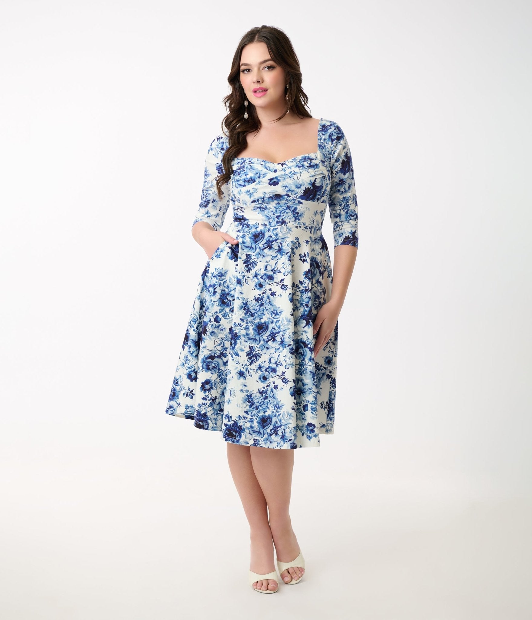 Unique Vintage 1950s White & Blue Floral Pleated Bust Swing Dress - Unique Vintage - Womens, DRESSES, SWING