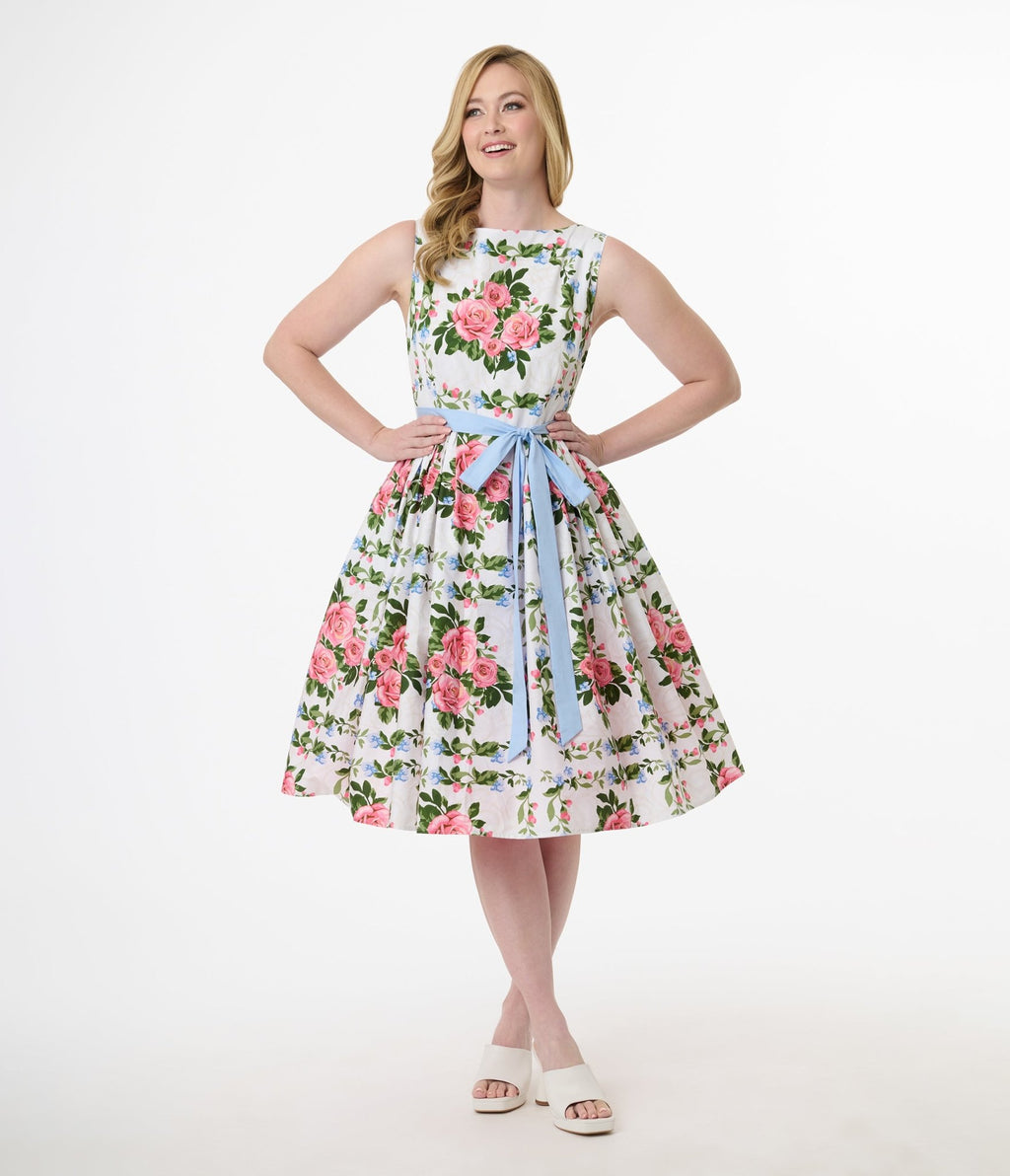 Unique Vintage 1950s White & Pink Rose Floral Sleeveless Cotton Swing Dress - Unique Vintage - Womens, DRESSES, SWING