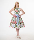 Unique Vintage 1950s White & Pink Rose Floral Sleeveless Cotton Swing Dress - Unique Vintage - Womens, DRESSES, SWING