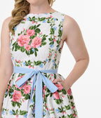 Unique Vintage 1950s White & Pink Rose Floral Sleeveless Cotton Swing Dress - Unique Vintage - Womens, DRESSES, SWING