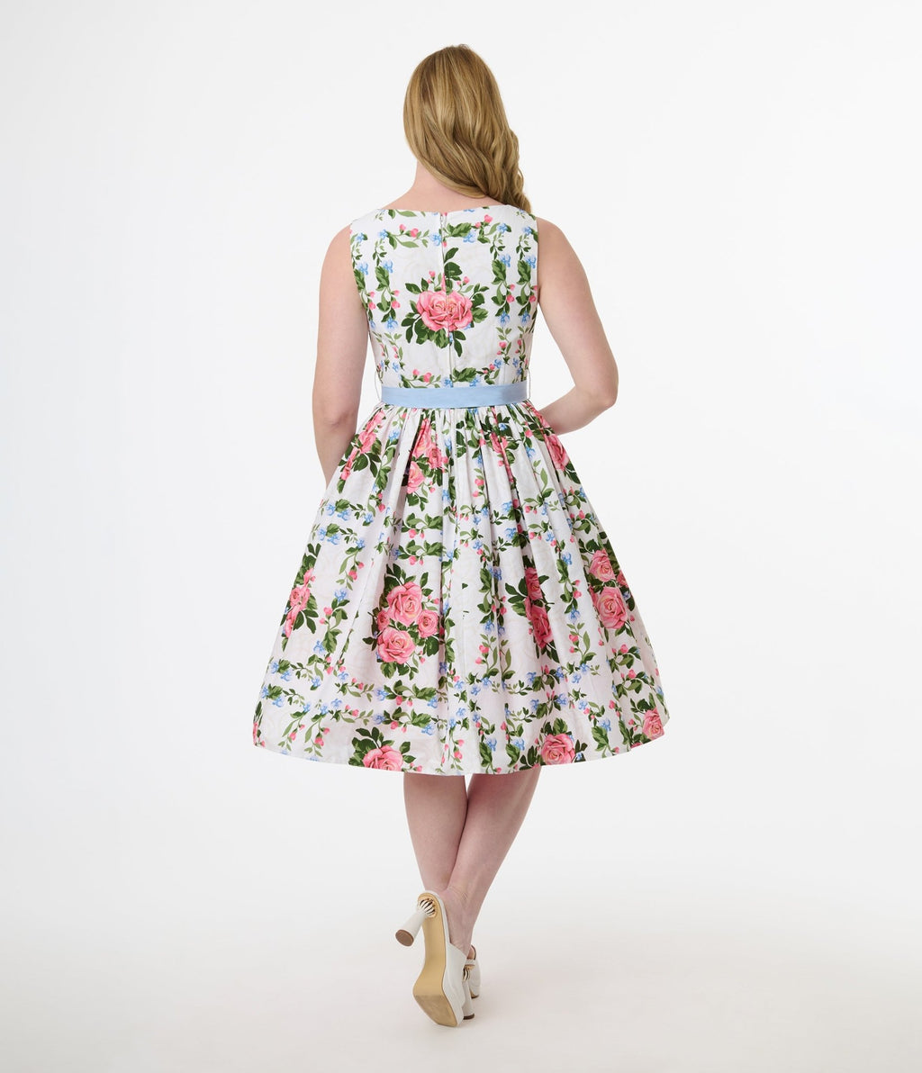 Unique Vintage 1950s White & Pink Rose Floral Sleeveless Cotton Swing Dress - Unique Vintage - Womens, DRESSES, SWING