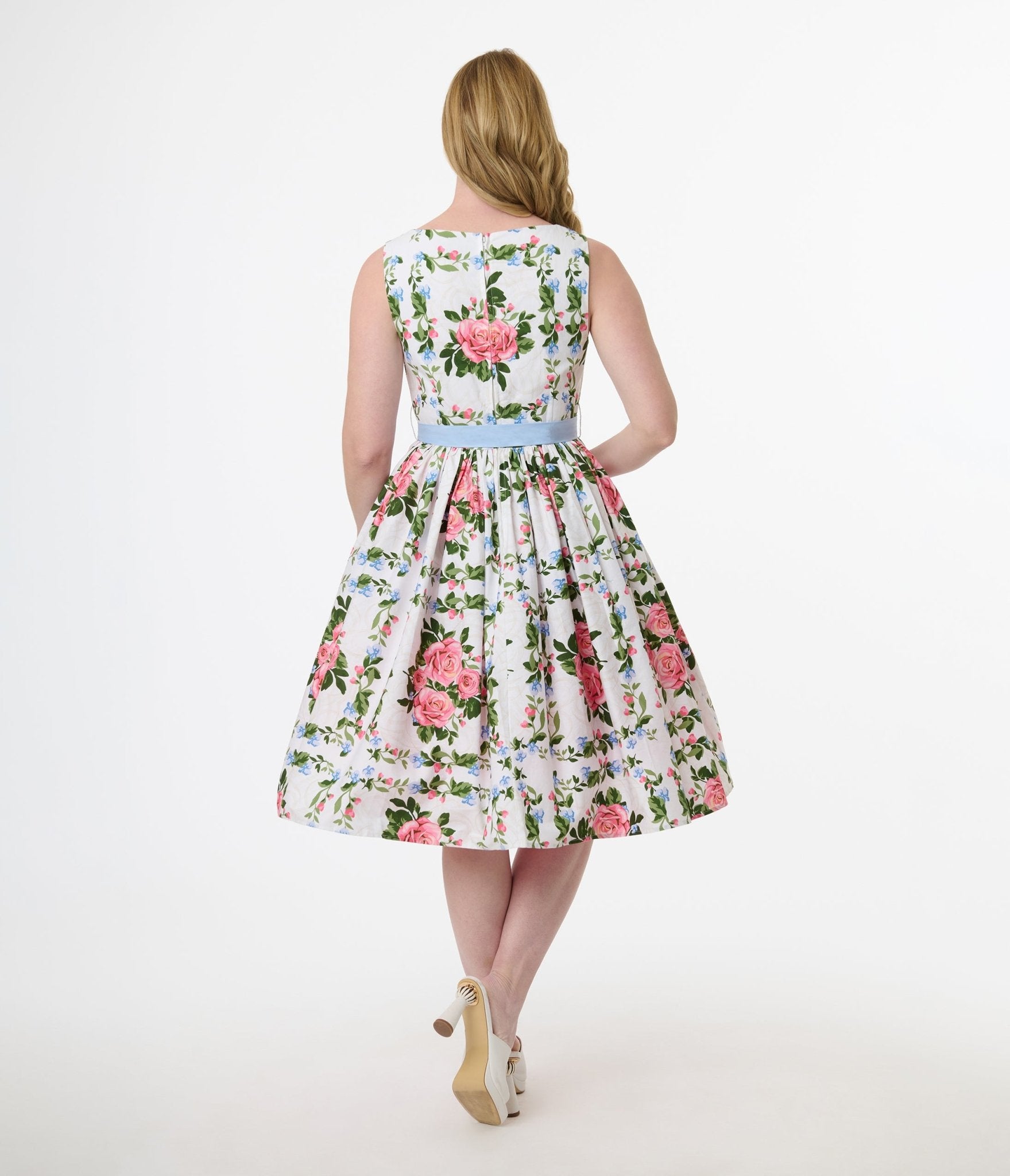 Unique Vintage 1950s White & Pink Rose Floral Sleeveless Cotton Swing Dress - Unique Vintage - Womens, DRESSES, SWING