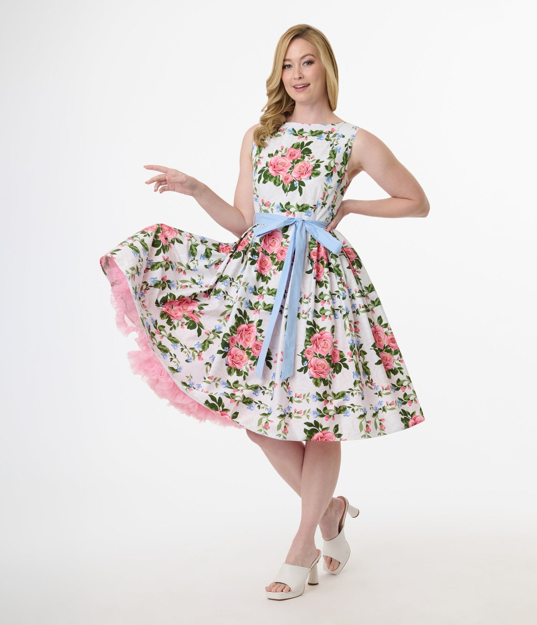 Unique Vintage 1950s White & Pink Rose Floral Sleeveless Cotton Swing Dress - Unique Vintage - Womens, DRESSES, SWING