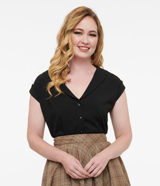 quui 2way gather blouse【black】 Bouclé shirt blouse with short sleeves - Black - Sz. 40-64