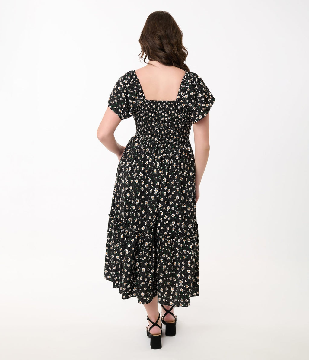 Unique Vintage 1960s Black & White Ditsy Floral Smocked Bodice Midi Dress - Unique Vintage - Womens, DRESSES, MIDI