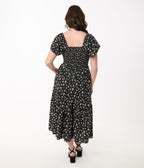 Unique Vintage 1960s Black & White Ditsy Floral Smocked Bodice Midi Dress - Unique Vintage - Womens, DRESSES, MIDI