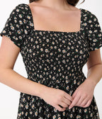 Unique Vintage 1960s Black & White Ditsy Floral Smocked Bodice Midi Dress - Unique Vintage - Womens, DRESSES, MIDI