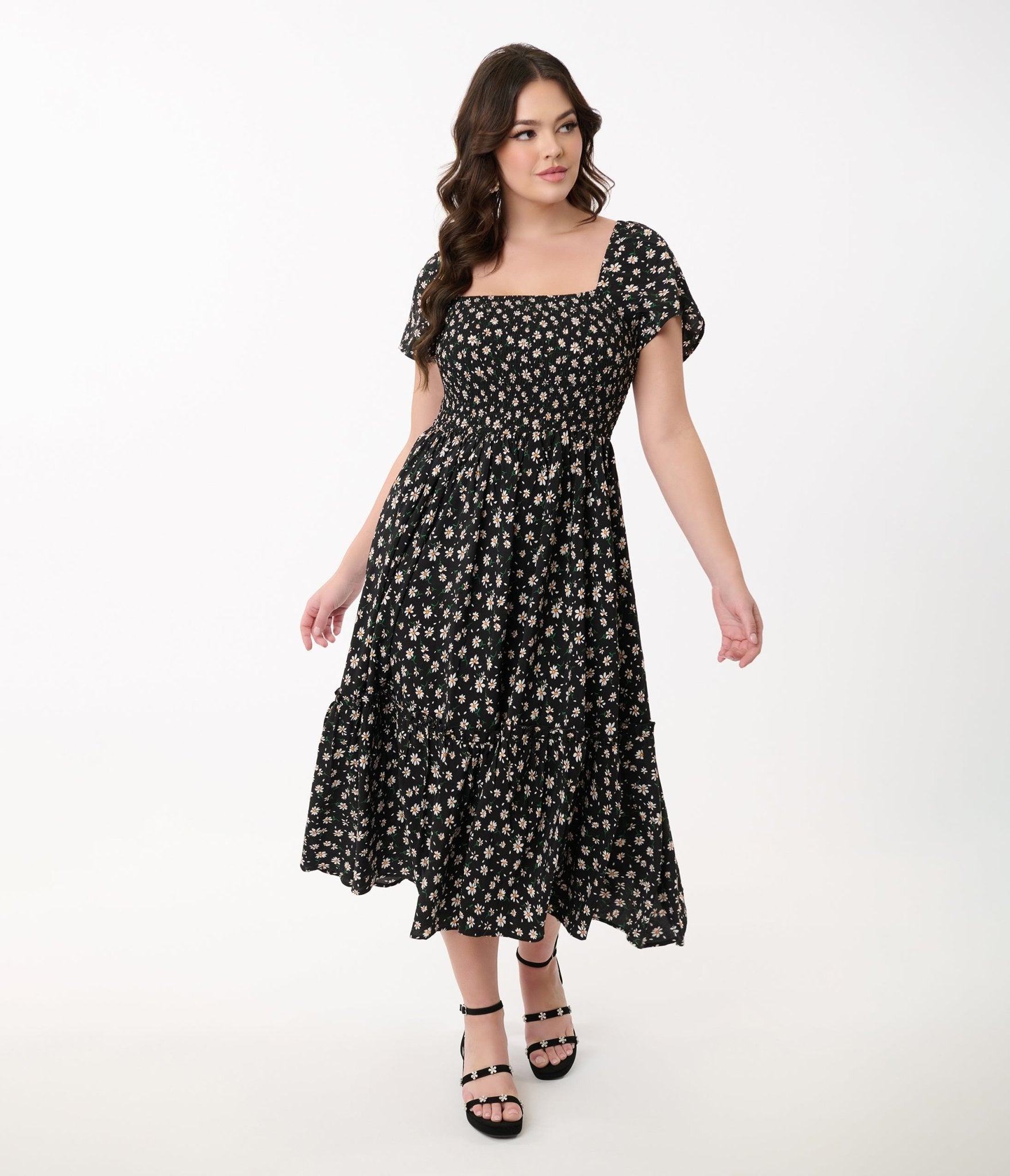 Unique Vintage 1960s Black & White Ditsy Floral Smocked Bodice Midi Dress - Unique Vintage - Womens, DRESSES, MIDI